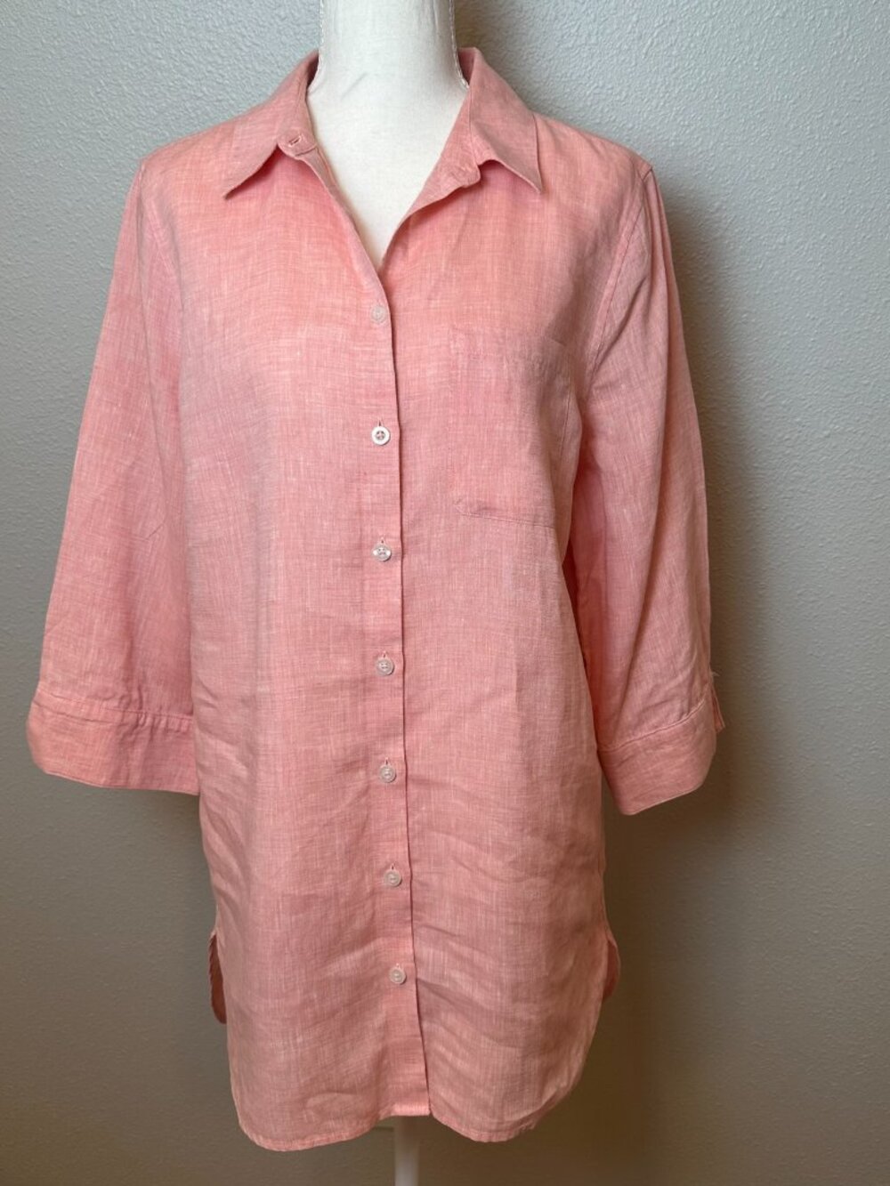 Chico's No-Iron Linen Tunic Blouse Coral Pink Boyfriend Longline Shirt Size 1 M